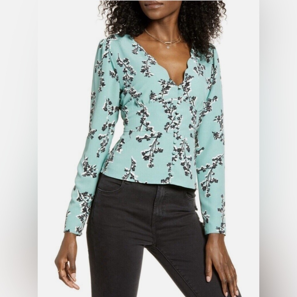 Leith green with black floral blouse size medium
